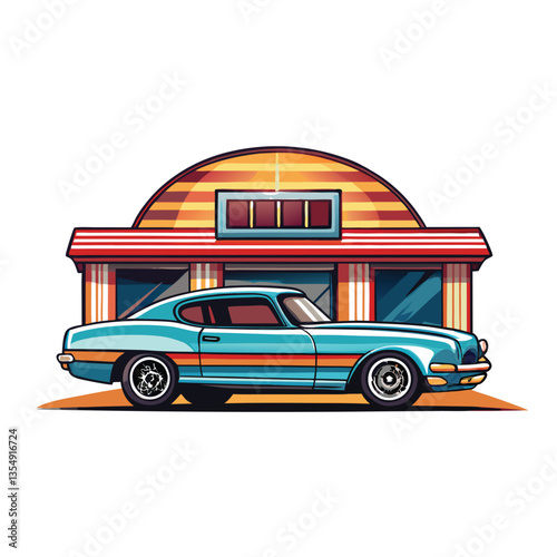 A vibrant retro sports car, featuring bold racing stripes, is parked elegantly.  The image should highlight the car's classic design and color scheme.