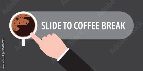 Cup of coffee with foam. Hot coffee mug. Top view. White mug. Slide to coffee break. Human hand push button to slide sign. Horizontal banner