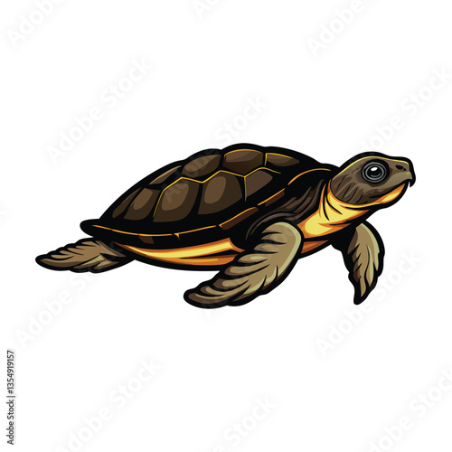 A detailed underwater close-up of a softshell turtle gracefully swimming, showcasing its smooth shell and webbed feet.