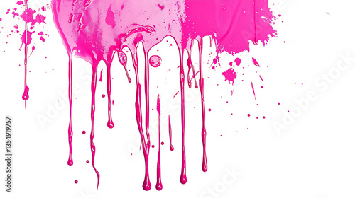 Neon pink spray paint mark with drips, isolated on a white background