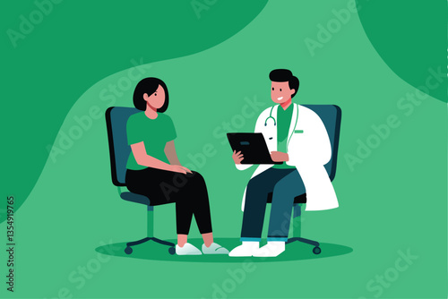 A friendly doctor attentively explains health tips and preventative care to a smiling patient in a bright, modern doctor's office.
