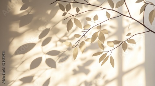 A branch with light leaves casting shadows on a wall
