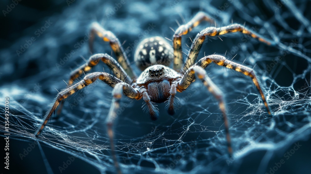 A stunning macro view of a spider resting on its delicate web, showcasing intricate details of its legs and web threads. The dark background adds drama and focus to the scene.. AI Generation A stunning macro view of a spider resting on its delicate web, showcasing intricate details of its legs and web threads. The dark background adds drama and focus to the scene.. AI Generation