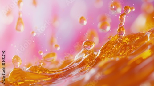 Orange juice splash, pink bokeh background