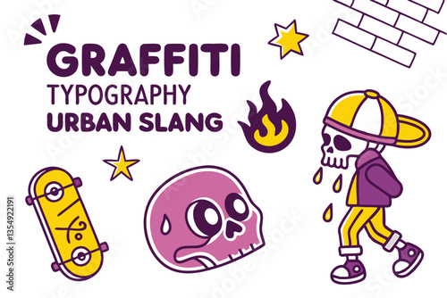 27 Graffiti stickers collection, street art typography, urban slang words, spray paint text, colorful graffiti tags, skater culture symbols, underground subculture icons, punk aesthetic graphics, neon