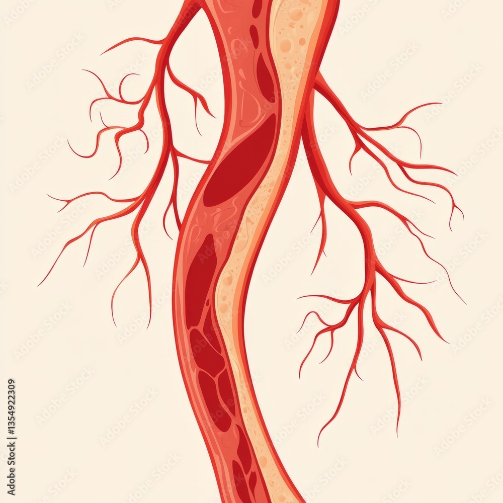Flat vector of an artery, internal structure depicted, red and beige tones, smooth textures, clean sharp edges, isolated on a blank background, professional educational illustration. Flat vector of an artery, internal structure depicted, red and beige tones, smooth textures, clean sharp edges, isolated on a blank background, professional educational illustration.