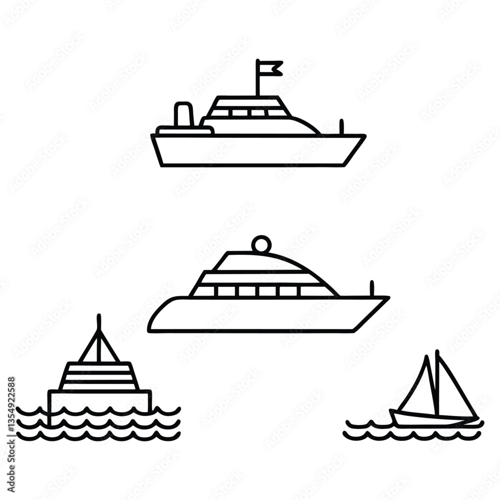 Set of ship and yacht vector illustrations and icons