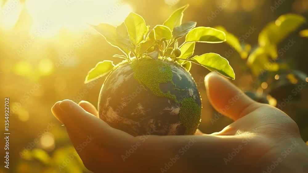 Environmental sustainability earth day concept hand holding globe with plant for green future world