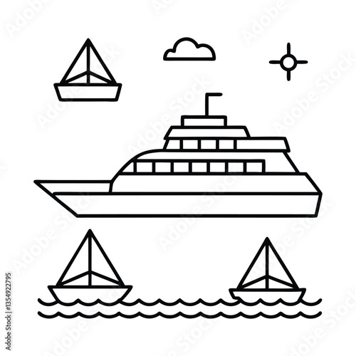 Set of sailing and marine transport vector icons on ocean theme