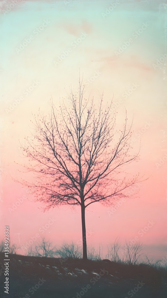 Fototapeta premium Lone tree silhouetted against a pastel sunset sky