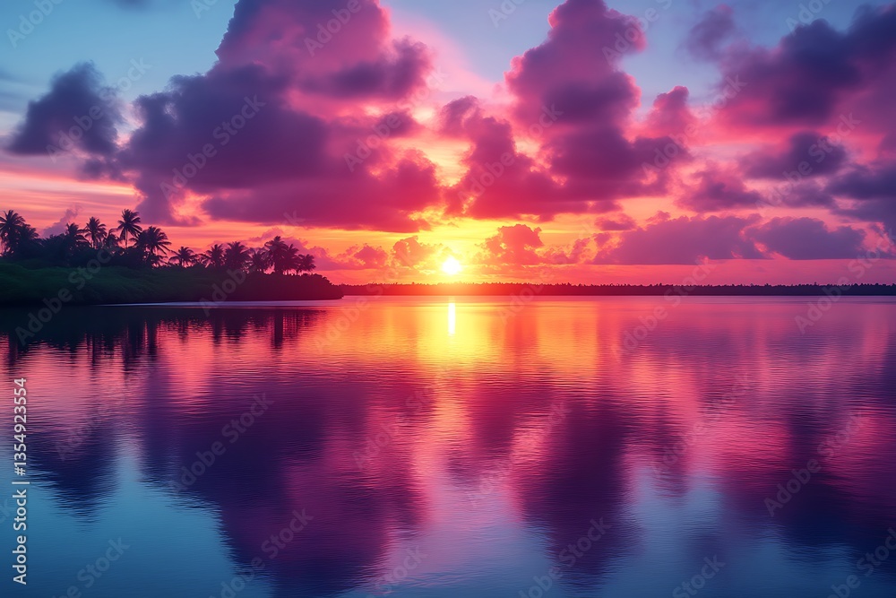 Obraz premium Tropical sunset, ocean reflection, palm trees, calm water, travel poster