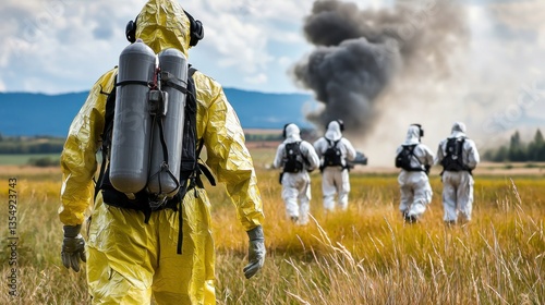 Hazmat team responding to a chemical incident.  Multiple personnel in protective gear navigate a field,  a large black plume of smoke billows in the background