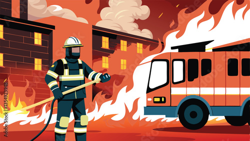 A brave firefighter, clad in full protective gear, valiantly battles a raging inferno, skillfully wielding a hose to extinguish the flames.