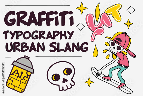 27 Graffiti stickers collection, street art typography, urban slang words, spray paint text, colorful graffiti tags, skater culture symbols, underground subculture icons, punk aesthetic graphics, neon
