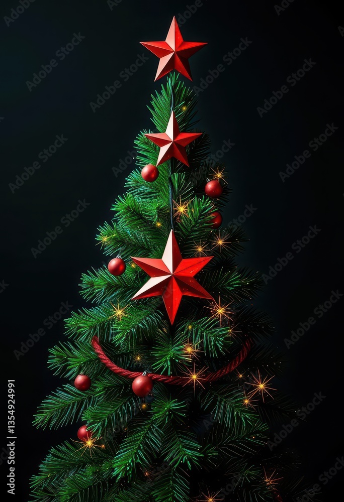 Elegant green diamond-shaped Christmas tree adorned with a red star, geometric, glitter, festive season Elegant green diamond-shaped Christmas tree adorned with a red star, geometric, glitter, festive season