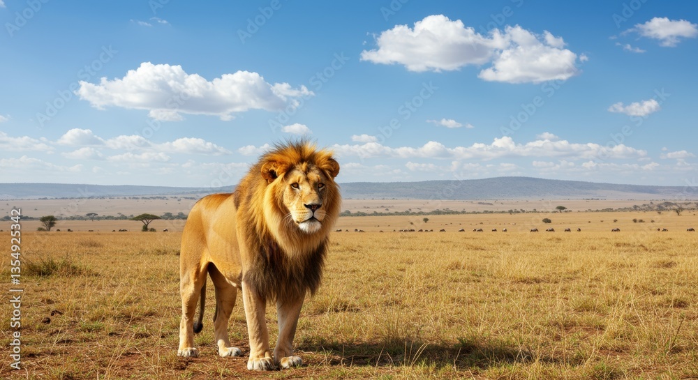 Fototapeta premium A majestic male lion stands proud in the golden savannah, showcasing its impressive mane against a backdrop of blue skies and fluffy clouds, perfect for wildlife lovers.