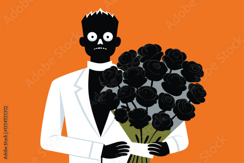 A gothic Frankenstein's monster, stitched and weathered, gently cradles a bouquet of darkly colored, wilting flowers; a spooky, melancholic scene.