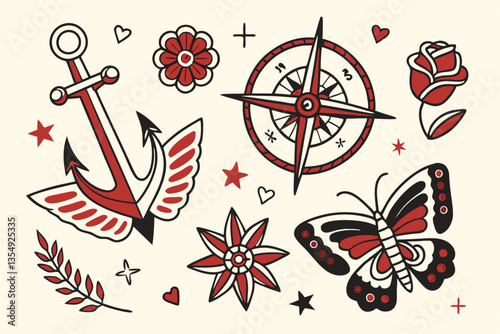 28 Vintage tattoo flash sheet, traditional American tattoo designs, old school tattoos, nautical and mystical symbols, colorful illustrations, anchors, skulls, flowers, daggers, swallows, panthers, bu