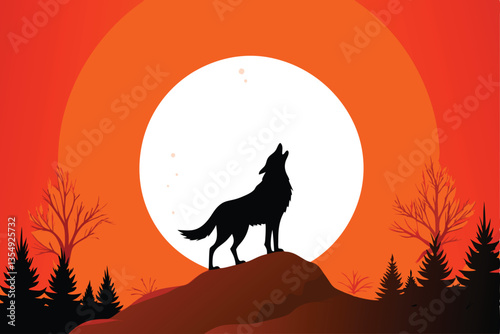 A majestic full moon bathes a lone wolf in ethereal light as it howls at the celestial orb, a dramatic silhouette against the night sky.