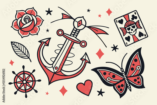 28 Vintage tattoo flash sheet, traditional American tattoo designs, old school tattoos, nautical and mystical symbols, colorful illustrations, anchors, skulls, flowers, daggers, swallows, panthers, bu