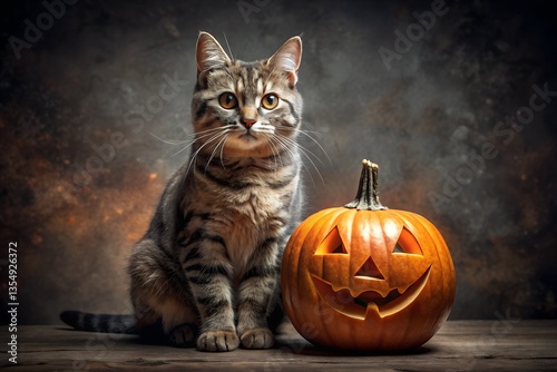 Portrait of cats with Halloween decorations. Halloween pumpkin head and realistic cat with a horror dark background. 