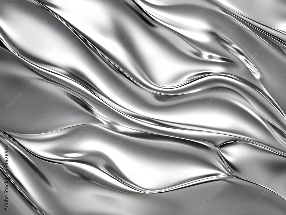 Obraz premium Silver holographic foil with abstract chrome waves and shimmering texture
