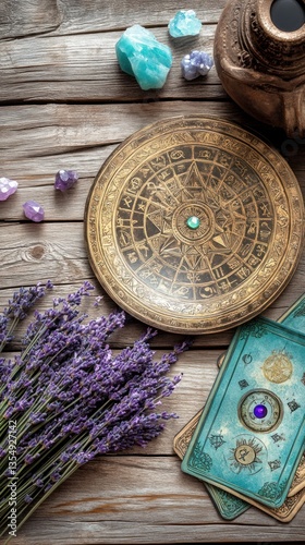A collection of mystical objects arranged on a wooden surface