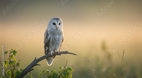 A serene scene of a majestic barn owl perched on a branch, surrounded by softly blurred greenery and warm light, creating a calming atmosphere for nature lovers.