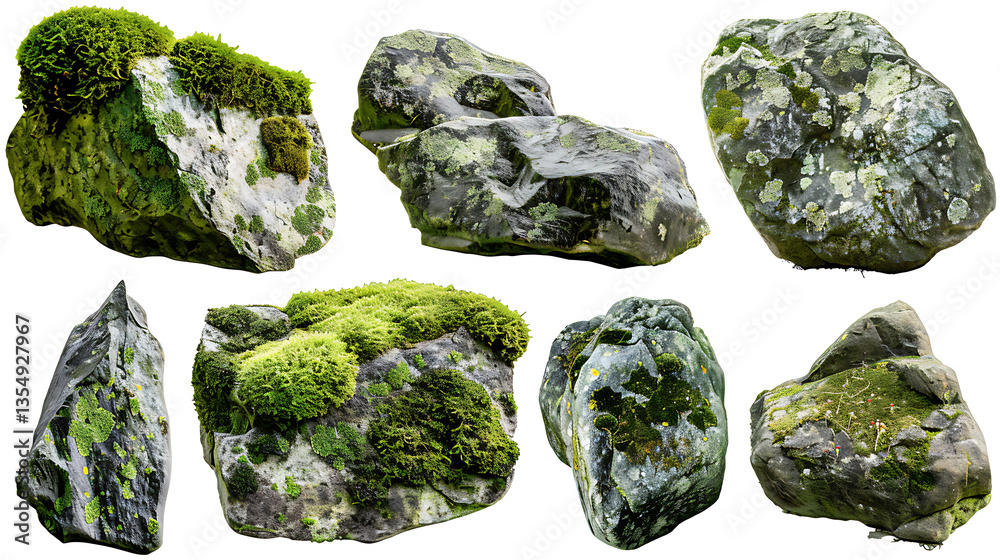 Set of moss-covered rocks and earthy textures, isolated on a white background Set of moss-covered rocks and earthy textures, isolated on a white background