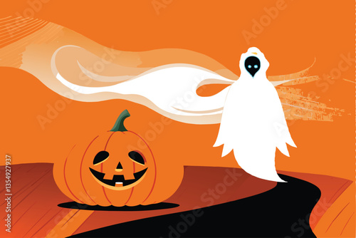 A spectral, translucent figure, partially obscured by swirling mist, rises from a carved jack-o'-lantern, glowing eerily in the dark.