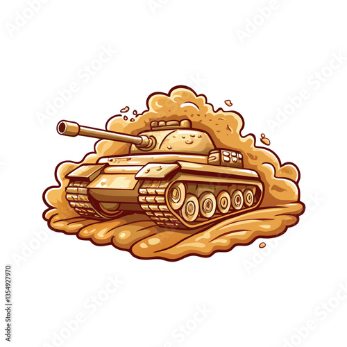 A heavily camouflaged military tank, partially hidden by a swirling sandstorm in a desert landscape, conveying a sense of conflict and isolation.