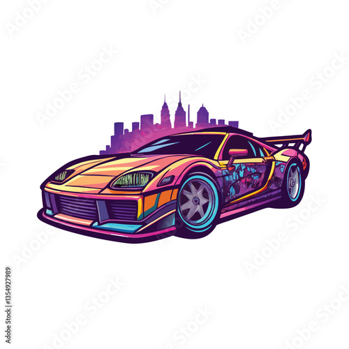 A stylized, low-poly sports car speeding, adorned with vibrant graffiti art, racing on a city street at night.