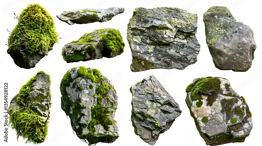Set of moss-covered rocks and earthy textures, isolated on a white background Set of moss-covered rocks and earthy textures, isolated on a white background
