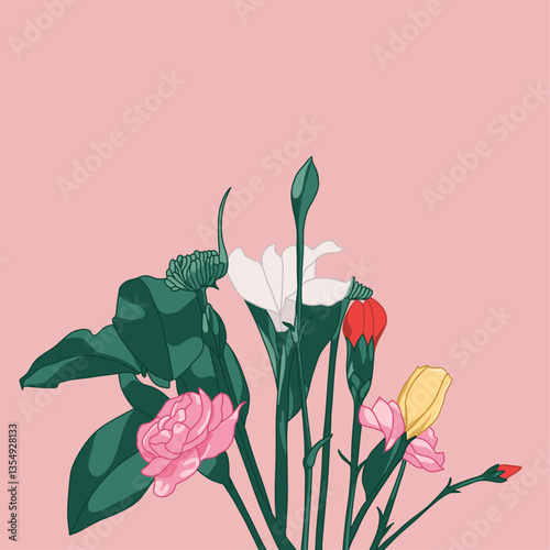 Isolated Colorful Flower Bouquet on a Pink Background Illustration