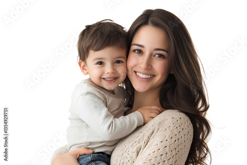 Portrait of a happy beautiful woman with long brown hair wearing a beige top and jeans holding her son in her arms and smiling at the camera The image is isolated on a Transparent background PNG