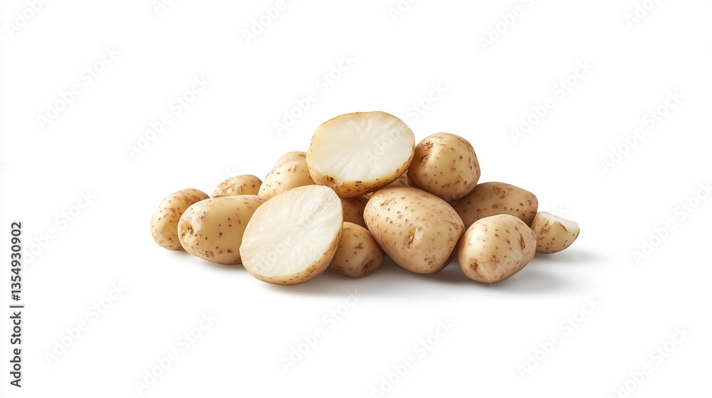 A pile of small potatoes, some whole and some cut in half, on a plain white background surface A pile of small potatoes, some whole and some cut in half, on a plain white background surface
