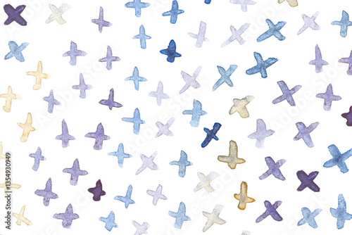 Abstract watercolor pattern with blue and yellow cross marks in a whimsical arrangement.