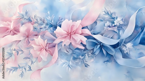 Vibrant watercolor painting of soft, billowing pastel ribbons and delicate floral accents