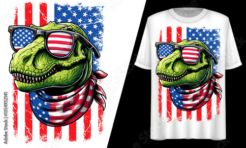 T-Rex Patriotic Dinosaur USA Flag Sunglasses Tee.