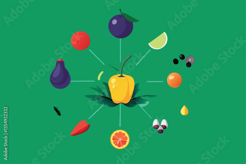 Vibrant still life showcasing a diverse array of fresh fruits and vegetables, emphasizing their nutritional value and vitamin content.