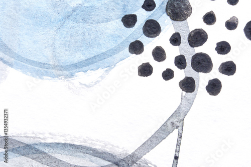 Abstract watercolor background with blue and black circles and dots on white canvas.