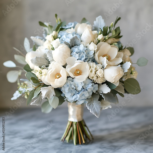 refined wedding bouquet featuring pristine white magnolias, soft blue hydrangeas, and delicate greenery, creating elegant and romantic floral arrangement for special occasions