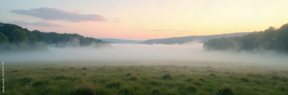 Fototapeta premium Morning fog rolls in across a misty landscape with a few wispy clouds, soft, gently rolling,