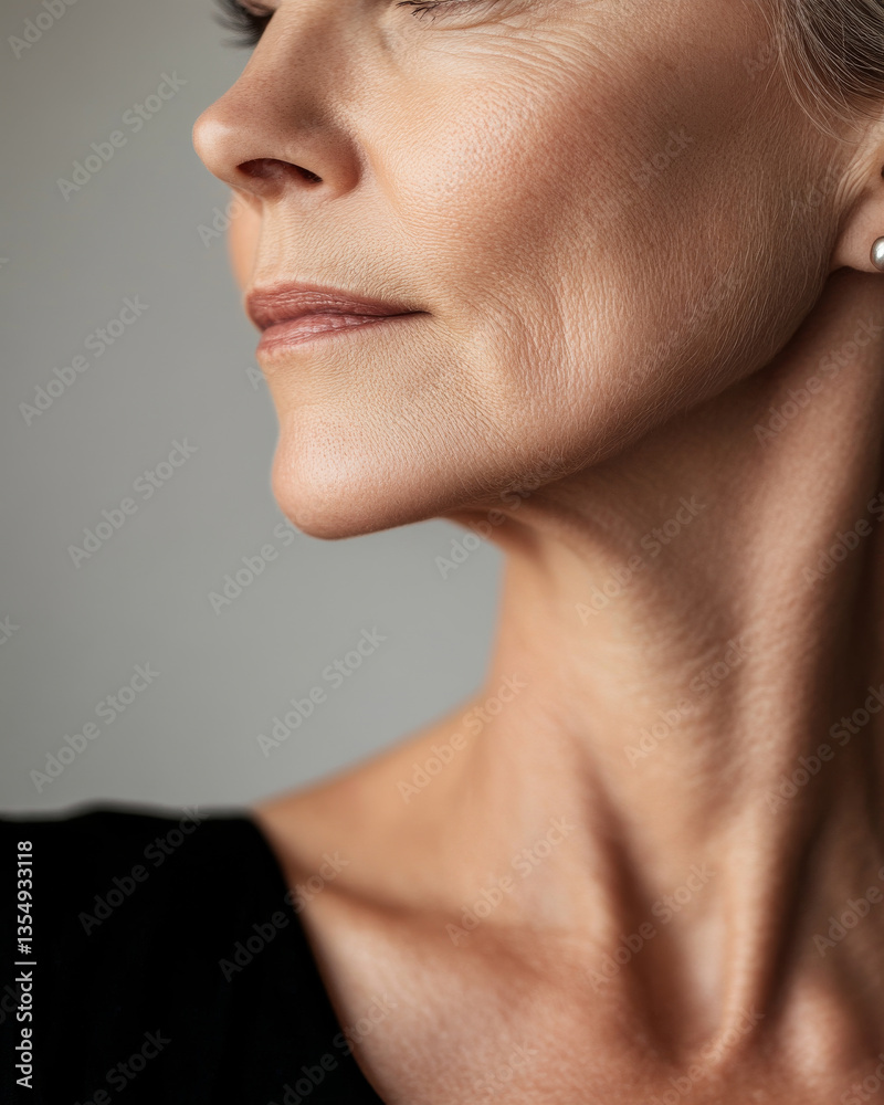 Obraz premium close up of mature woman face and neck, highlighting her smooth skin and subtle wrinkles, with serene expression