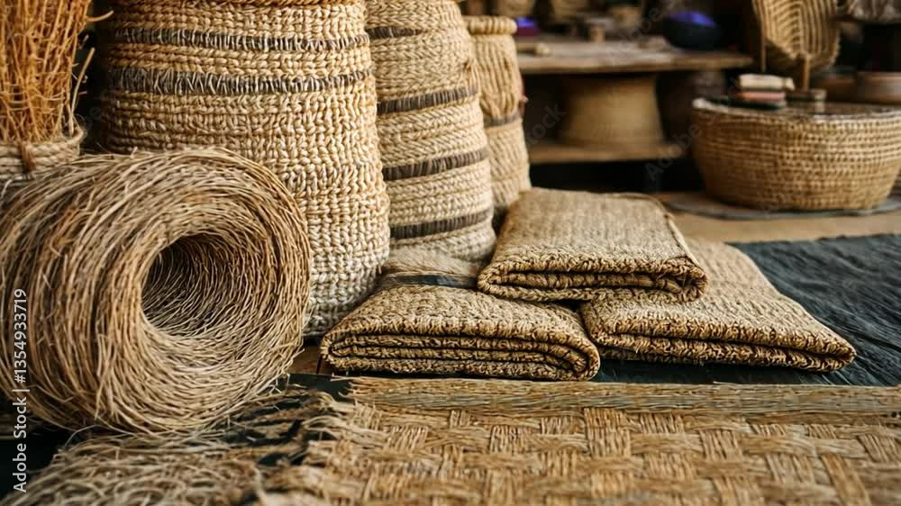 Artisanal Baskets: A collection of handwoven baskets and coiled rope, each unique in its textures and patterns, arranged to showcase craftsmanship and sustainable living.