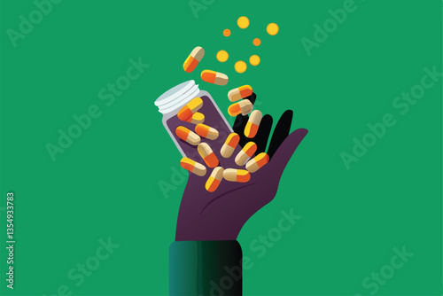 A close-up shot of a hand spilling vitamin pills from a clear plastic bottle, highlighting the scattered pills and the hand's grip.