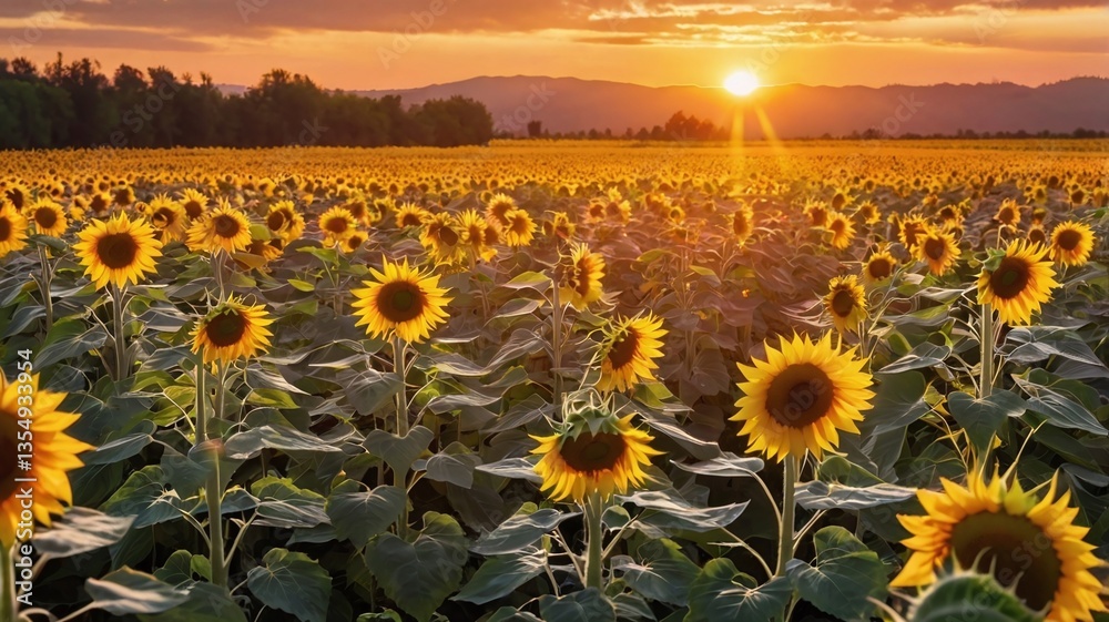 Obraz premium Golden Sunset Over a Vibrant Sunflower Field