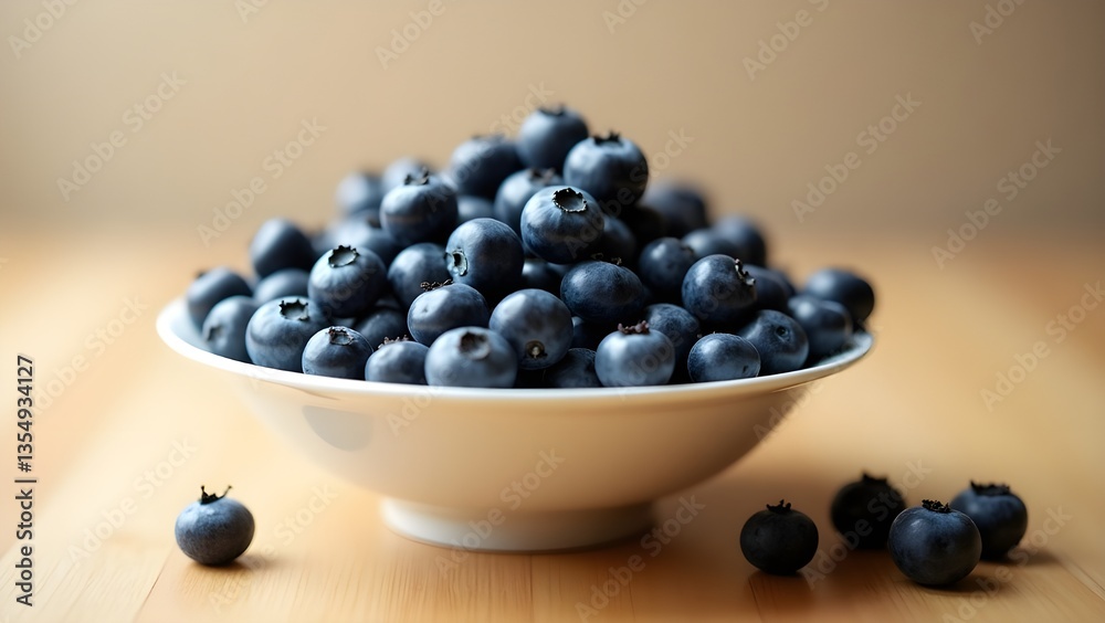 Fresh organic blueberries in a white bowl on limewash wood