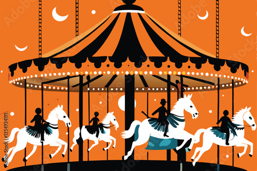A decaying haunted carousel at night, featuring skeletal horses, ghostly figures, and an eerie, dimly lit atmosphere.