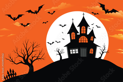 A spooky, dilapidated Victorian haunted house perched atop a dark hill, silhouetted against a stormy night sky, with numerous bats in flight around it.